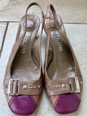 🍎Bulle Two-Tone Taupe and Purple Slingback Kitten Heels. Sz 38 (approx 7.5)